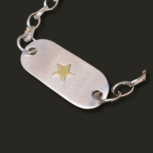 Pulsera placa plata estrella bronce